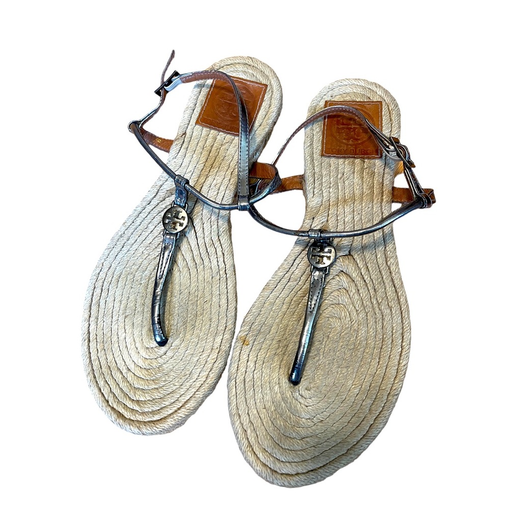 TORY BURCH Emmy Espadrille Silver Leather Flat Espadrilles Thong Sandals Sz 8